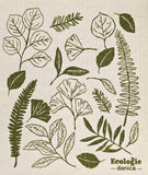 swedish dc white with green images of ginko leaves, fern leaves, pine