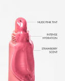 Pink lip balm with text indicating features like nude pink tint, intense hydration, and strawberry scent.